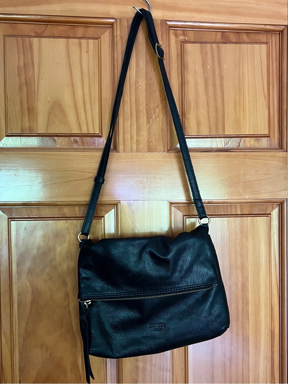 Margot NY Black Pebbled Leather Fold Over Crossbody Bag Clutch Adjustable Purse